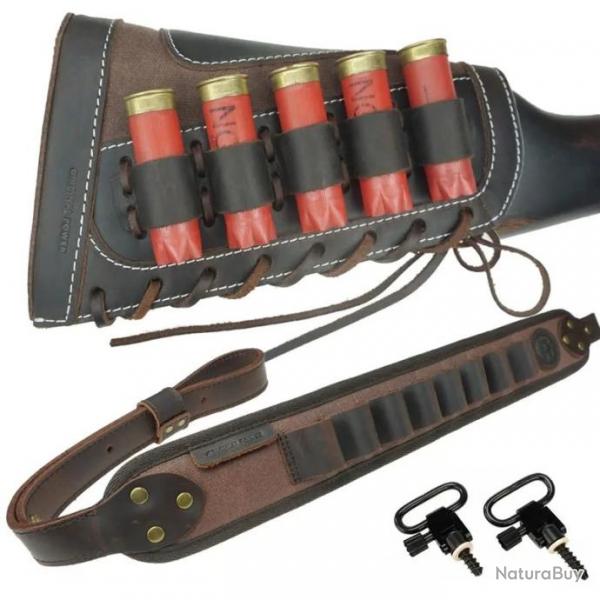 Sangle en cuir pour fusil -munitions de calibre 12 AVEC 2 attaches (MARRON) LIVRAISON GRATUITE !!