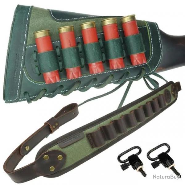 Sangle en cuir pour fusil -munitions de calibre 12 AVEC 2 attaches (VERT) LIVRAISON GRATUITE !!