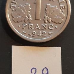 Pièce de 1 franc aluminium ÉTAT Français, Francisque, tranche lisse, 1942. lot n° 29