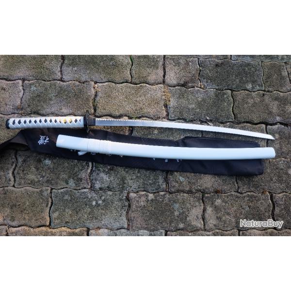 Sabre Katana Ninja Blanc Lame Acier 440 Affute Tsuba Mtal Manche Faon Peau de Raie Etui Bois