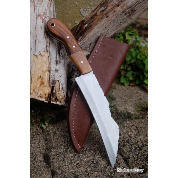 Couteau De Viking Seax Lame Acier Inox Manche Bois Etui Simili Cuir Fabrication Artisanale 01