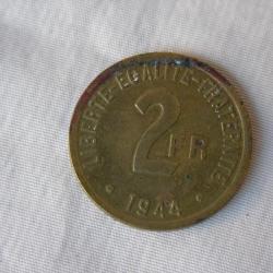 WW2 US PIÈCE DE 2 FRANCS FRANCAIS DE 1944 " FABRICATION AMÉRICAINE " DÉBARQUEMENT DE PROVENCE