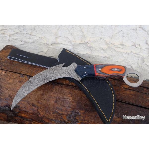 Couteau Karambit Lame Damas Acier 256 Couches Manche Bois & Rsine Etui Nylon Fabr Artisanale