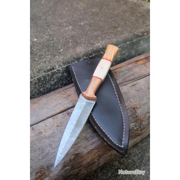 Couteau Dague Scottish Dirk Lame Acier Damas 256 Couches Manche Os & Bois Etui Cuir Fabr Artisanale