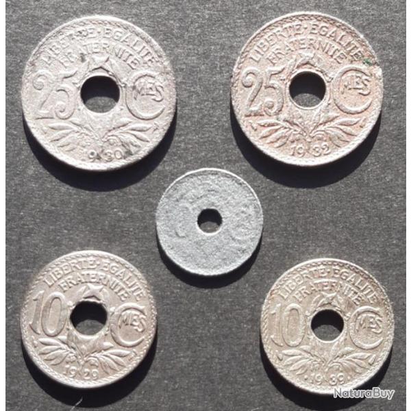 lot de 4 pices en zinc, troues. 10 cts 1929, 10 cts 1939, 25 cts 1930 et 25 cts 1932