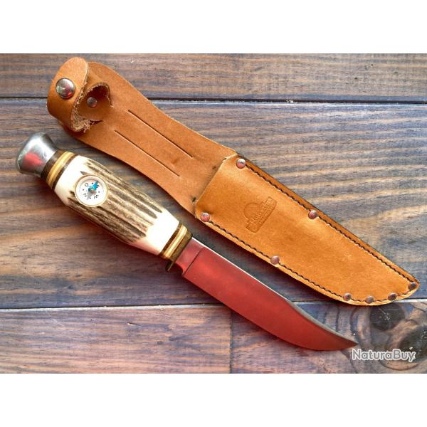 ANCIEN COUTEAU POIGNARD HUBERTUS SOLINGEN BOIS DE CERF+ BOUSSOLE TYPE BOWIE CHASSE NO PUMA