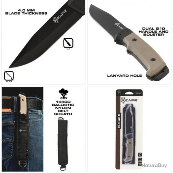 Couteau De Survie Reapr Brigade Lame Acier 420 Manche Black & Tan G10 Etui Nylon SHF11009