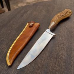 Joli Couteau de Chasse NICKER ALLEMAND REHWAPPEN de SOLINGEN Manche en Bois de Cerf + Étui en cuir