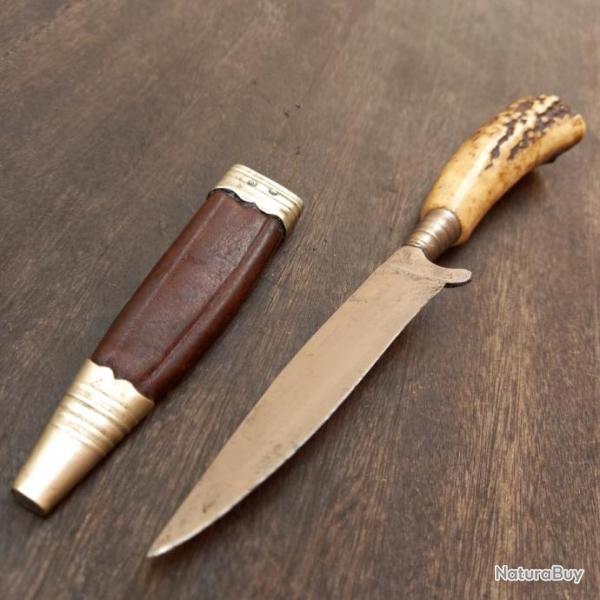 Couteau de Chasse NICKER ALLEMAND Manche en Bois de Cerf + tui en cuir