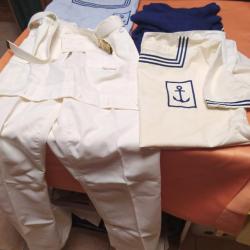 LOT PANTALON BLANC  CHEMISETTES BLEUE ET BLANCHE, PULL OVER BLEU  MARINE NATIONALE, ANNEES 70/80