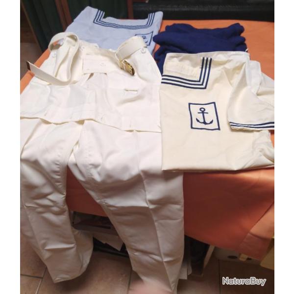 LOT PANTALON BLANC  CHEMISETTES BLEUE ET BLANCHE, PULL OVER BLEU  MARINE NATIONALE, ANNEES 70/80