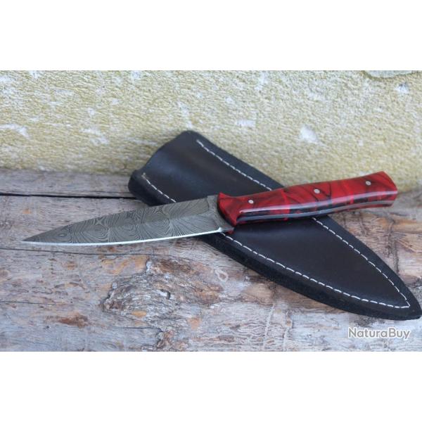 Couteau Dague Scottish Dirk Lame Acier Damas 256 Couches Manche Red Rsine Etui Cuir Fabr Artisanale