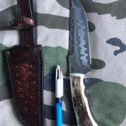 Couteau de chasse/bushcraft bowie artisanal lame go-maï + étui cuir