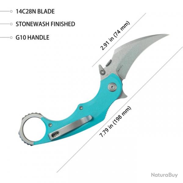 Couteau Kubey Rogue Pikal Karambit Blue Manche G10 Lame Acier 14C28N SW IKBS Linerlock Clip KUB298C