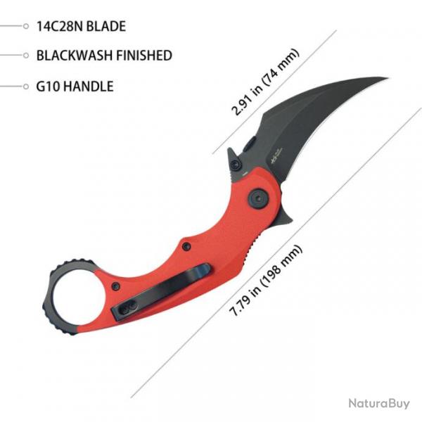 Couteau Kubey Rogue Pikal Karambit Red Manche G10 Lame Acier 14C28N Blk IKBS Linerlock Clip KUB298F