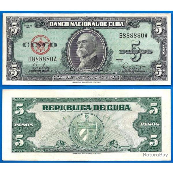 Cuba 5 Pesos 1960 Signature non Che Guevara Billet Num 888880