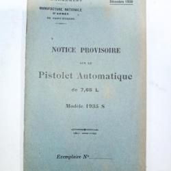 Notice provisoire pour le pistolet automatique de 7.65 long : modèle 1935 S