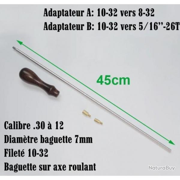 Baguette de nettoyage 45cm avec manche en bois et 2 adaptateurs