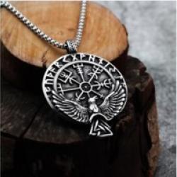 Collier viking pendentif du corbeau Huginn et le Vegvisir en acier inoxydable