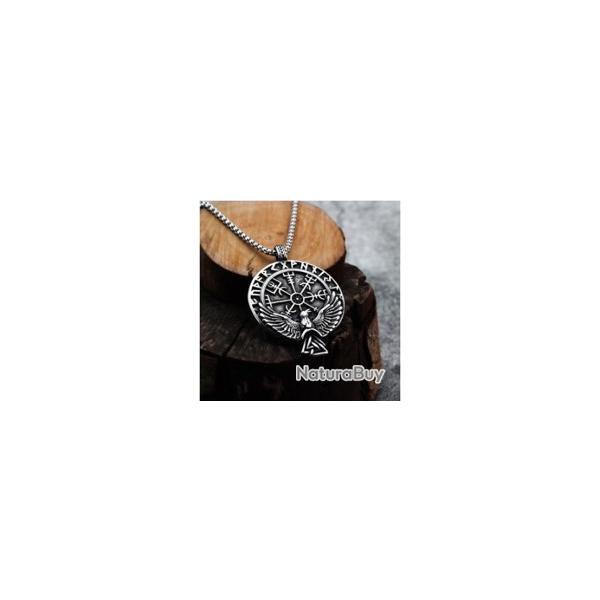 Collier viking pendentif du corbeau Huginn et le Vegvisir en acier inoxydable