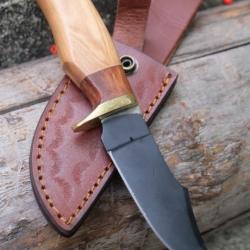 Poignard Puukko Couteau Lame Black Carbone 1055 Bowie Manche Bois Olivier Fab Artisanale Etui Cuir