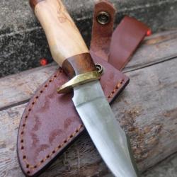 Poignard Puukko Couteau Lame Carbone 1055 Bowie Manche Bois Olivier Fabrication Artisanale Etui Cuir