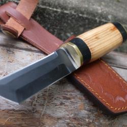 Puukko Seax Couteau Lame Black Carbone 1055 Bowie Manche Bois Olivier Fabric Artisanale Etui Cuir