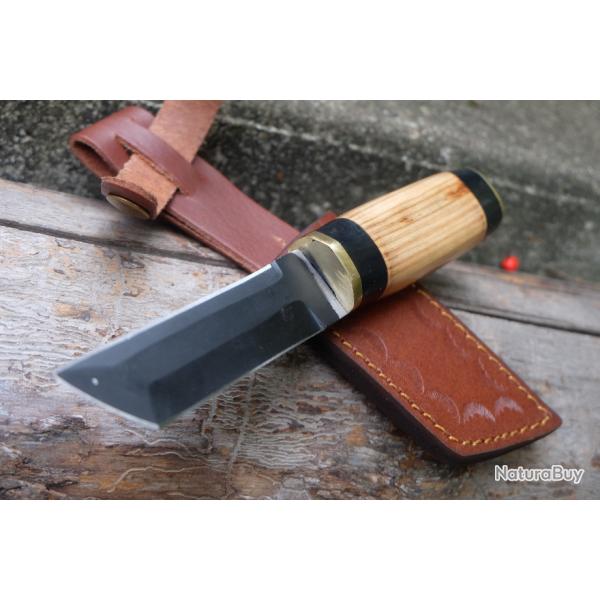 Puukko Seax Couteau Lame Black Carbone 1055 Bowie Manche Bois Olivier Fabric Artisanale Etui Cuir