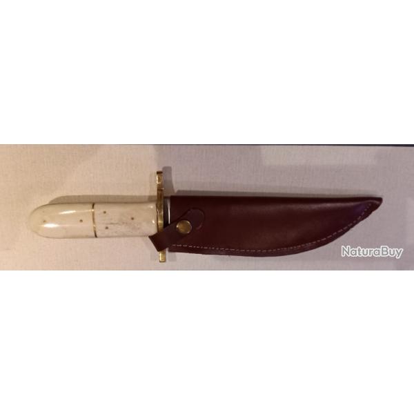 Poignard couteau Bowie de chasse lame acier carbone 1055 manche os tui cuir fabrication artisanal