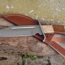 Poignard Couteau De Chasse Survie Bowie Lame Acier Carbone 1055 Etui Cuir Manche Bois Fab Artisanale