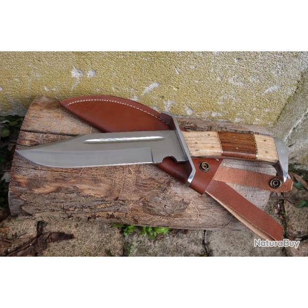 Poignard Couteau De Chasse Survie Bowie Lame Acier Carbone 1055 Etui Cuir Manche Bois Fab Artisanale