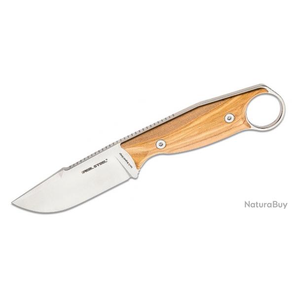 Couteau Real Steel Furrier Harpoon Lame Acier N690 Manche Olive Wood Etui Cuir RS3612W