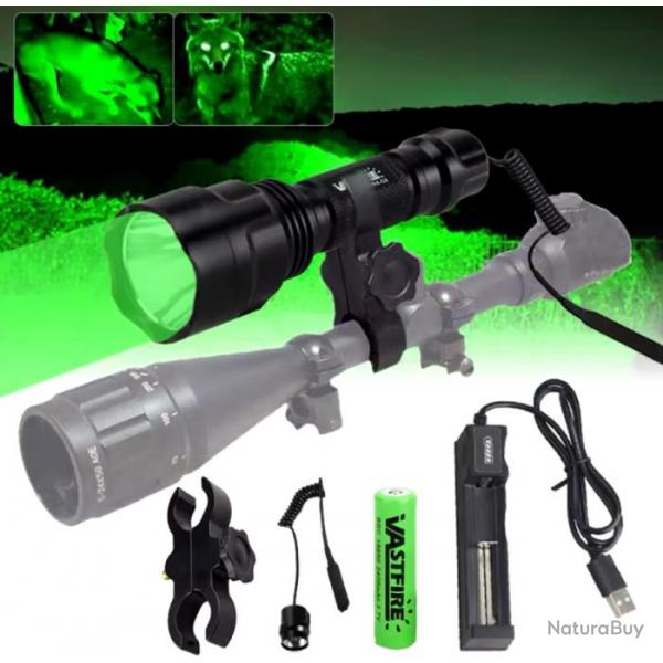 Lampe tactique de chasse avec montage vert rouge ou blanc rechargeable led chasse airsoft ect..