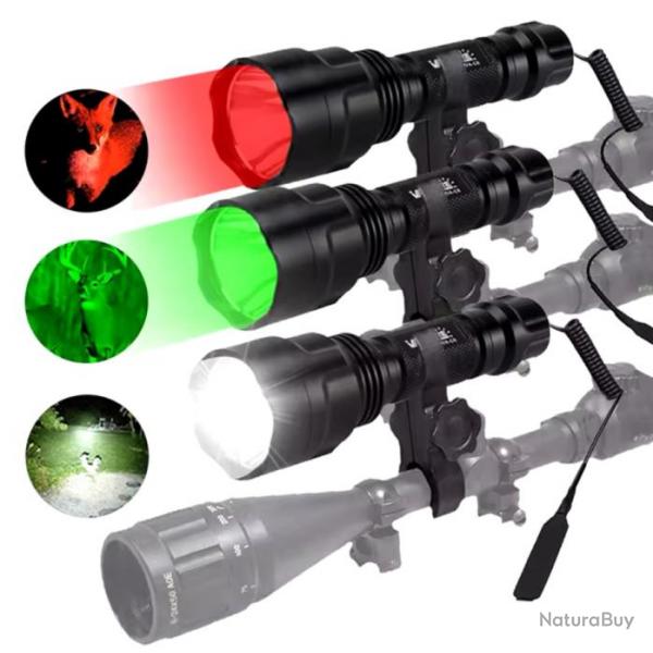 Lampe tactique de chasse avec montage vert rouge ou blanc rechargeable led chasse airsoft ect. A