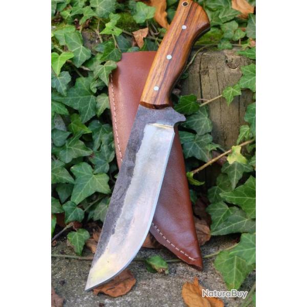 Gros Couteau De Trappeur Chasse Bowie Lame Acier Carbone 1075 Etui Cuir Manche Bois Fabr Artisanale2