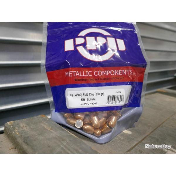 50 ogives profil RN en cal 45 ACP FMJ (200gr)