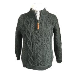 Pull Enfant Zippé Vert Forêt - Pure Laine Mérinos & Col Camionneur 8/11 ans