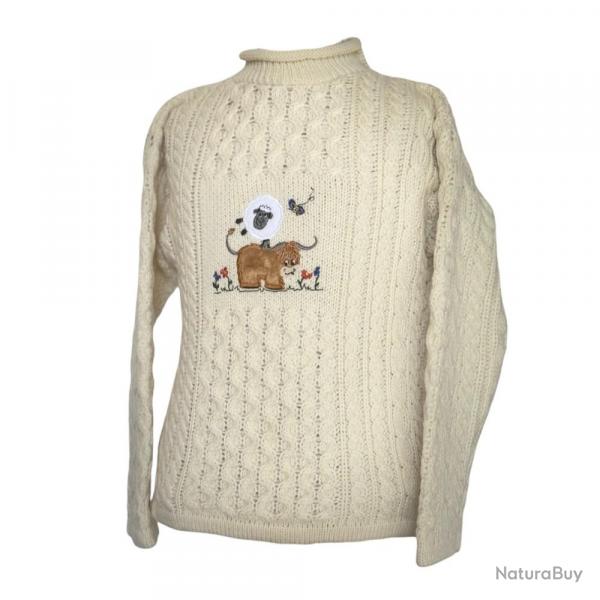 Pull Enfant Tricot - Laine Mrinos Irlande - Blanc Cass 2/3 ans