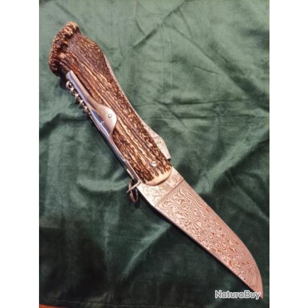 Couteau de chasse double lame Damas avec manche en bois de cerf