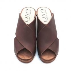 Sandale sabot femme ouverte mule suédoise à talons bois et cuir - Diva  38 brun