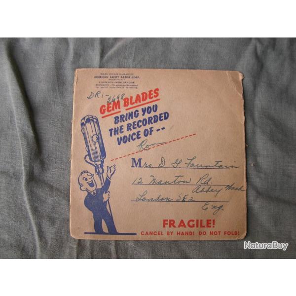 WW2 US DISQUE VINYLE MILITAIRE AMRICAIN MUSIQUE/MESSAGE " GEM " DESTINATION PERSONNALISE RARE