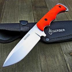 Couteau de Chasse Camping Gerber Freeman Guide Orange Lame Acier 5Cr13MoV Manche TacHide Etui Nylon