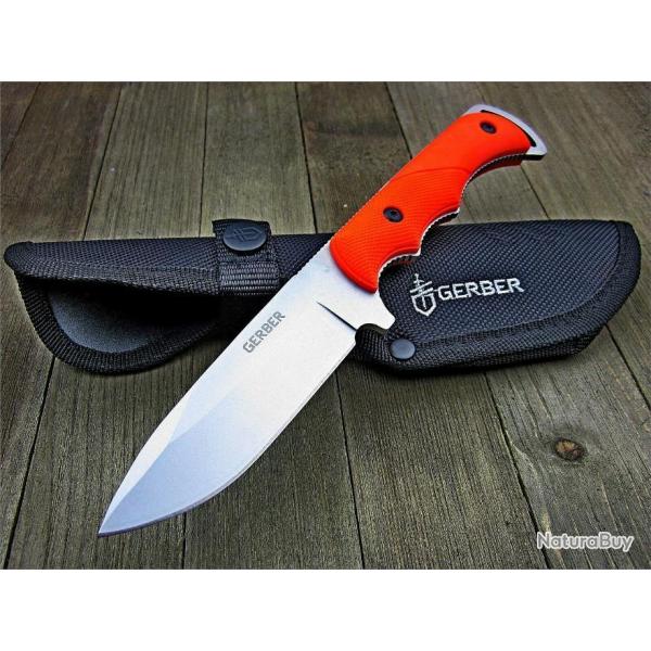 Couteau de Chasse Camping Gerber Freeman Guide Orange Lame Acier 5Cr13MoV Manche TacHide Etui Nylon