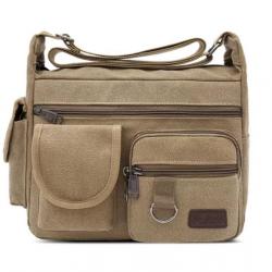 Sac Sacoche Reporter Bandoulière Besace Toile Vintage 21x14x31cm Kaki Beige