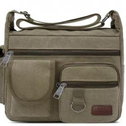 Sac Sacoche Reporter Bandoulière Besace Toile Vintage 21x14x31cm Vert