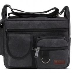 Sac Sacoche Reporter Bandoulière Besace Toile Vintage 21x14x31cm Noir