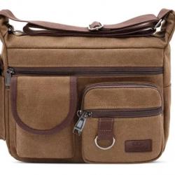 Sac Sacoche Reporter Bandoulière Besace Toile Vintage 21x14x31cm Marron