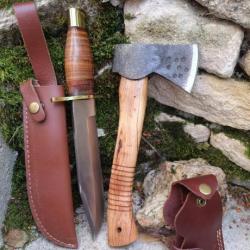 Hache Survie Bushcraft Lame Acier Carbone 1055 Manche Bois + Poignard Lame Carbone Etui Cuir