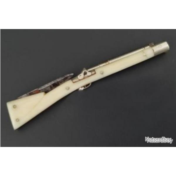 Curio couteau fusil : Taille plume & porte mine forme de fusil, petite lame, Ivoire, XIXe