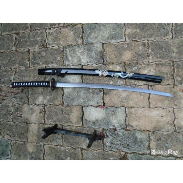 Sabre Katana Dragon Lame Acier 440 Affute Manche Imitation Peau Raie/Corde Etui Bois